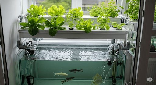 Aquaponie avec poissons et plantes dans un jardin d'eau