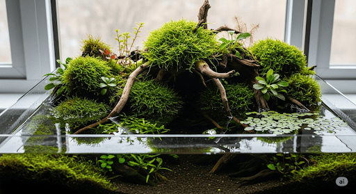 Aquarium low-tech avec plantes filtrantes et wabi kusa