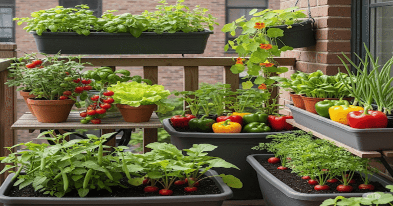 Potager urbain sur balcon avec tomates cerises, laitues, radis et herbes aromatiques en pots.